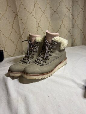 Cole Haan Taupe Lace-Up Shearling Collar Hiking Boots